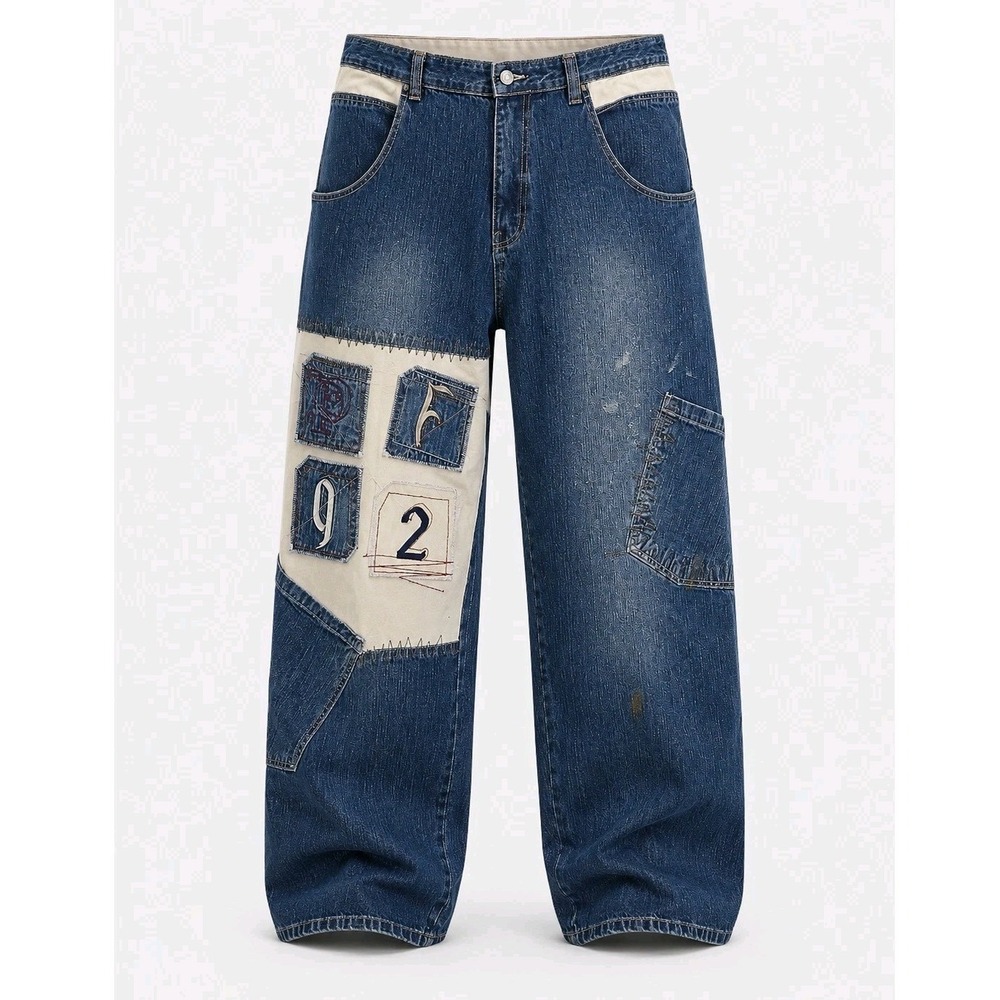 Vintage Y2K Phat Farm Baggy Jeans Mens 38x33 Patchwork Denim Blue Hip Hop Skater